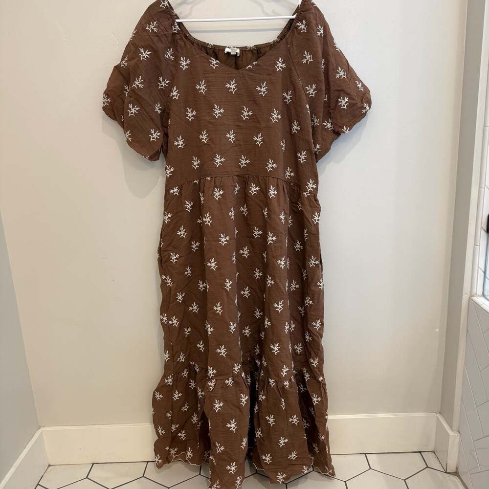 Orange Creek Los Angeles Brown Embroidered Tiered Midi Dress, Size 2X